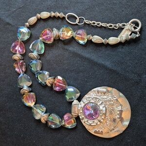 Signed Anthony Alexander Statement Necklace w/Iridescet Pendant & AB Glass Beads